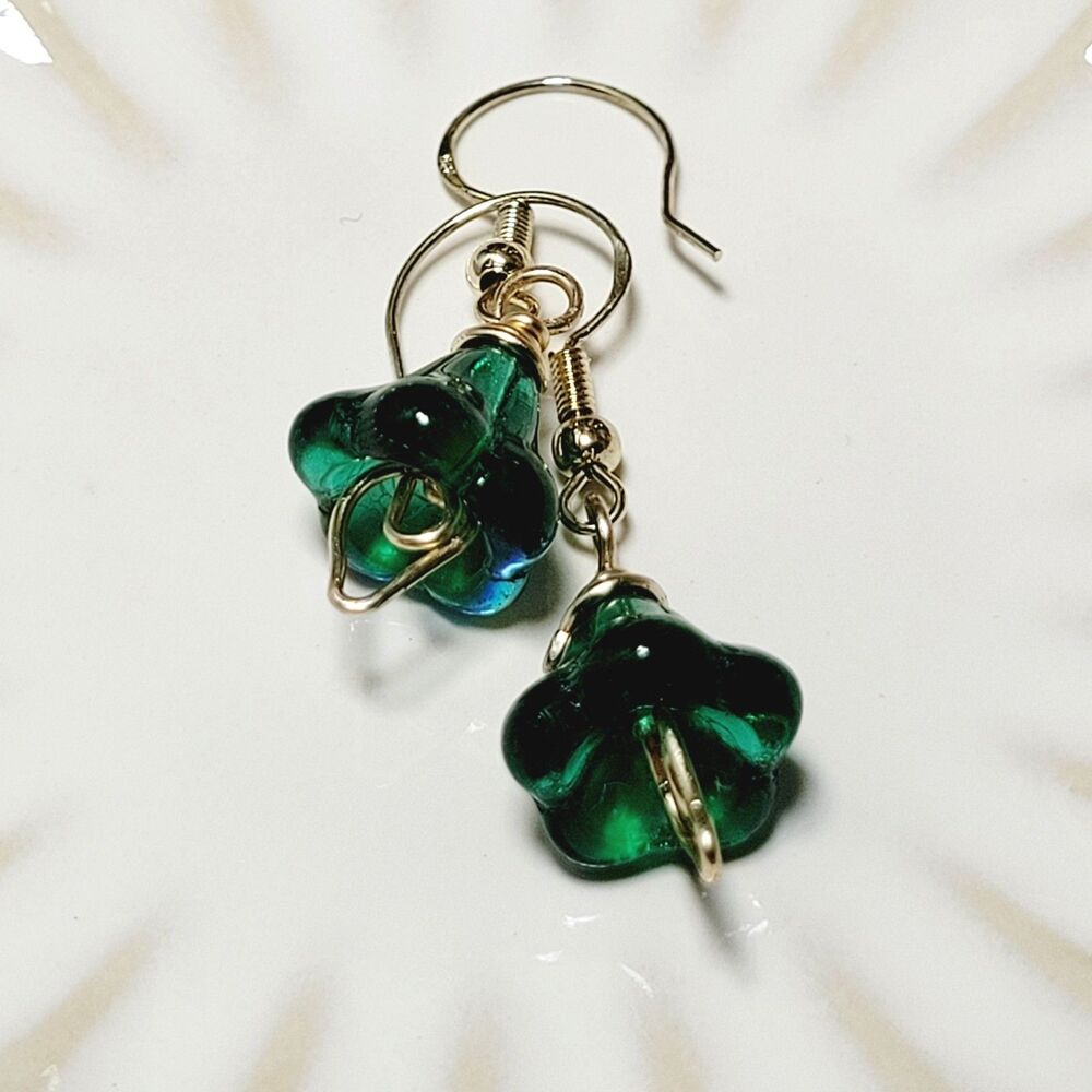 Green Czech flowers and Amazonite dangles Hidden Meaning earrings 660■ - Picture 7 of 8